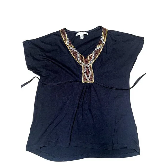 French Laundry Size Medium Black Cotton Tunic Top Embroidered Boho City Chic - Picture 11 of 11